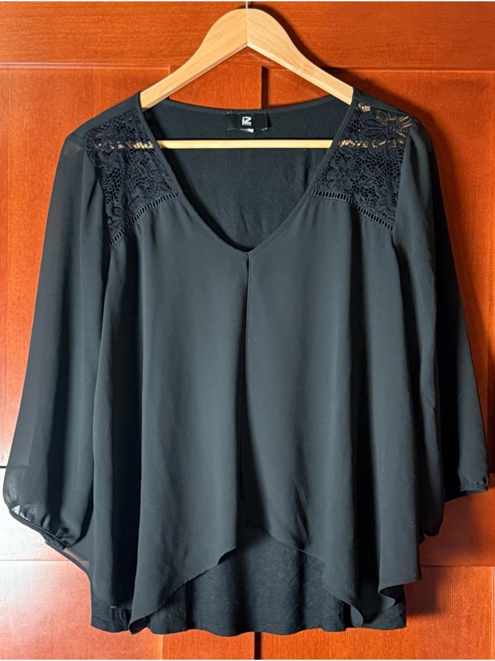 Iz Byer Black Boho Whimsy V-Neck Layered Blouse With Lace Accents Size XL